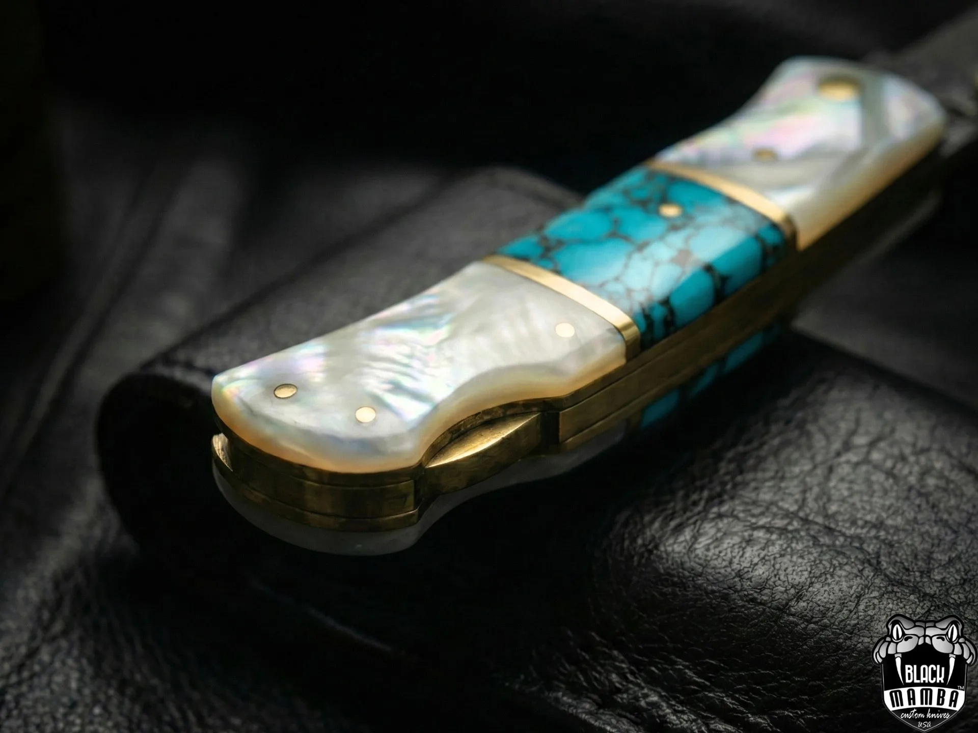 Azure Gem Hand Forged Rain Drop Damascus Pocket Knife | Sea Shell Turquoise Handle | And Leather Sheath Camping, Hunting, Christmas Gift & Him | BMK-682 - view 9
