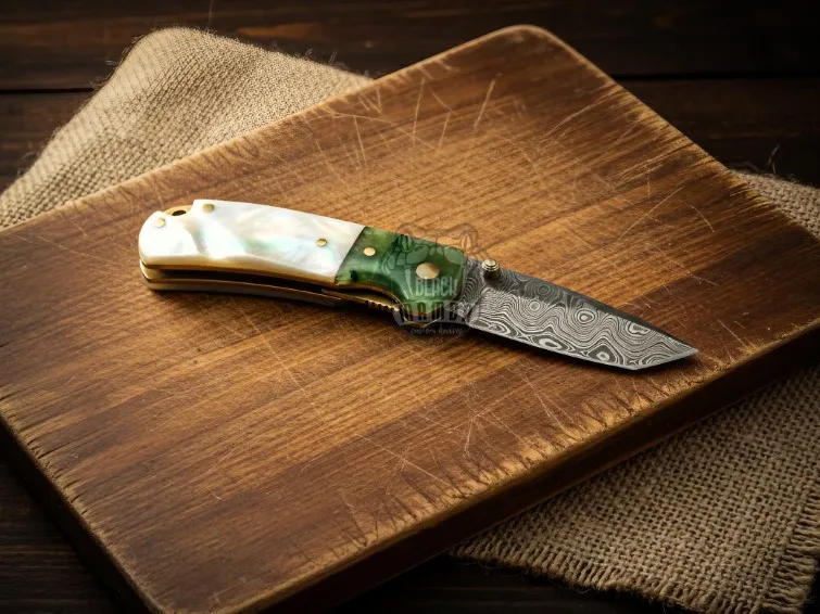 Black Mamba Emerald Pearl Handmade Damascus Pocket Knife with | Sea Shell Handle | Color Bone Bolster & Leather Sheath Camping, Hunting, Christmas Gift & Him | BMK-677 - view 4