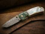 BMK-677 Black Mamba Emerald Pearl Handmade Damascus Pocket Knife With | Sea Shell Handle | Colour Bone Bolster & Leather Sheath Camping ,Hunting , Christmas Gift & Him