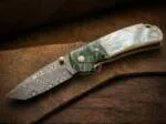 Black Mamba Emerald Pearl - Damascus Folding Pocket Knife, 3.5″ Blade, Bone Handle
