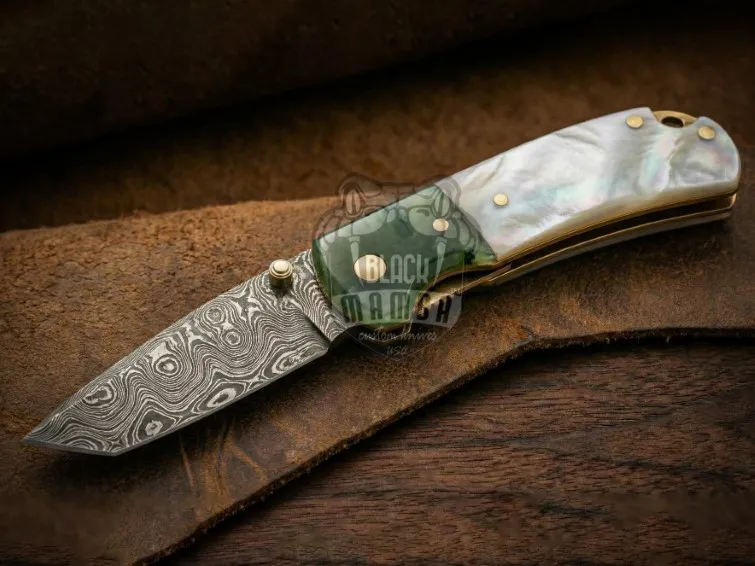 Black Mamba Emerald Pearl Handmade Damascus Pocket Knife with | Sea Shell Handle | Color Bone Bolster & Leather Sheath Camping, Hunting, Christmas Gift & Him | BMK-677