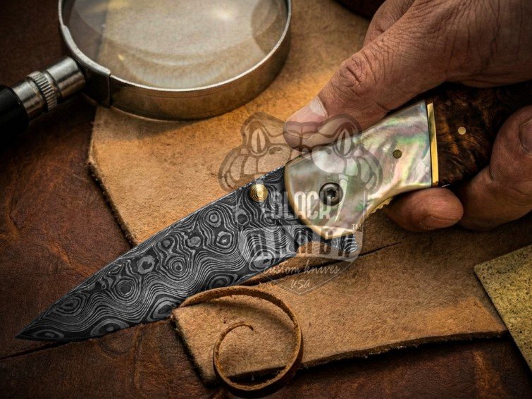 BMK-691Black Mamba Royal Pearl Handmade Damascus Steel Folding Pocket Knife | Rose Wood Handle | Pearl Shell Bolster with Brass Spacer | Leather Sheath | Camping & Hunting Gift for Him - Image 3