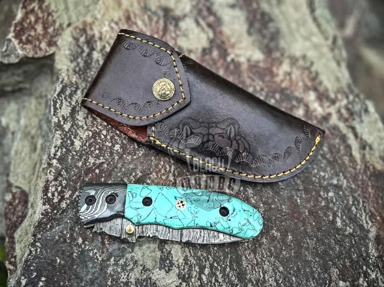 Azure Storm - Damascus Folding Pocket Knife, 7.5″ Overall, Turquoise Handle - view 2