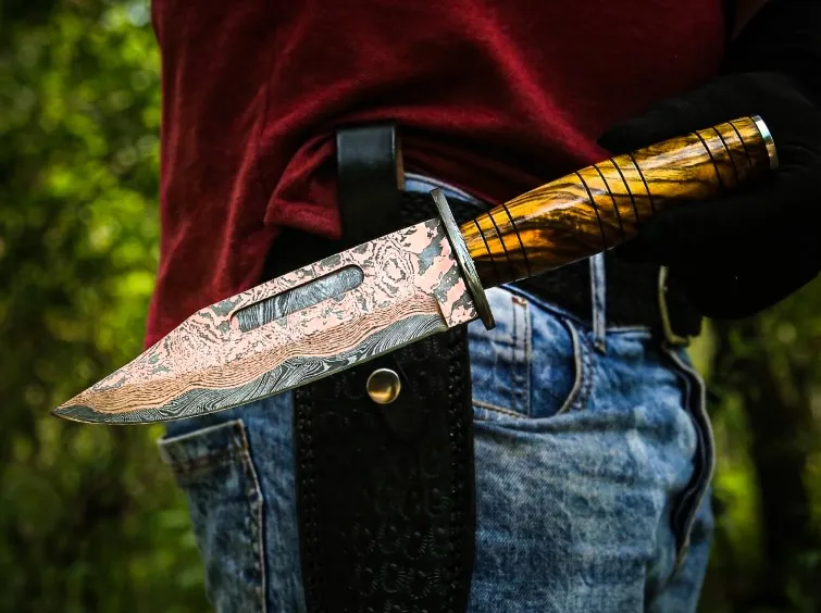 Handmade Copper Damascus Knife Copper Hunting Knife Exotic Burl Wood Handle Copper Fixed Blade Knife Best Anniversary Gift | BMK-707 - view 2
