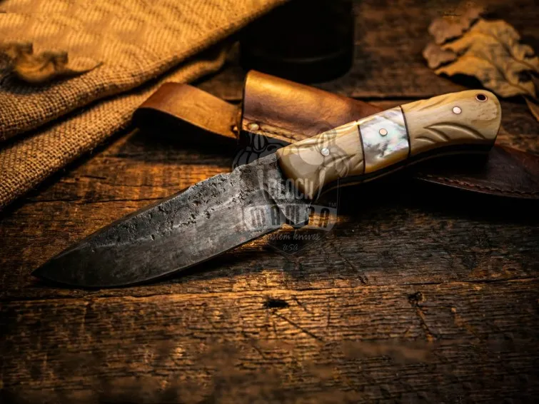 Stone Hunter Hand Forged Carbon Steel Blade with Engraved Bone Sea Shell Handle and Leather Sheath Camping, Hunting, Christmas Gift & Him | BMK-679