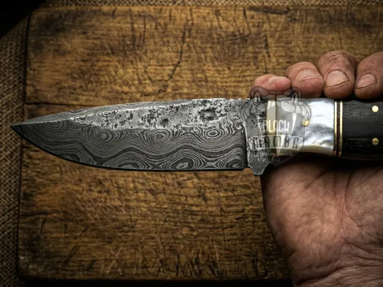 Pearl Prestige Hand Forged Damascus Steel Hunting Knife | Sea Shell Dark Wood Handle | Brass Bolster and Leather Sheath Camping, Hunting, Christmas Gift & Him | BMK-685 - view 3
