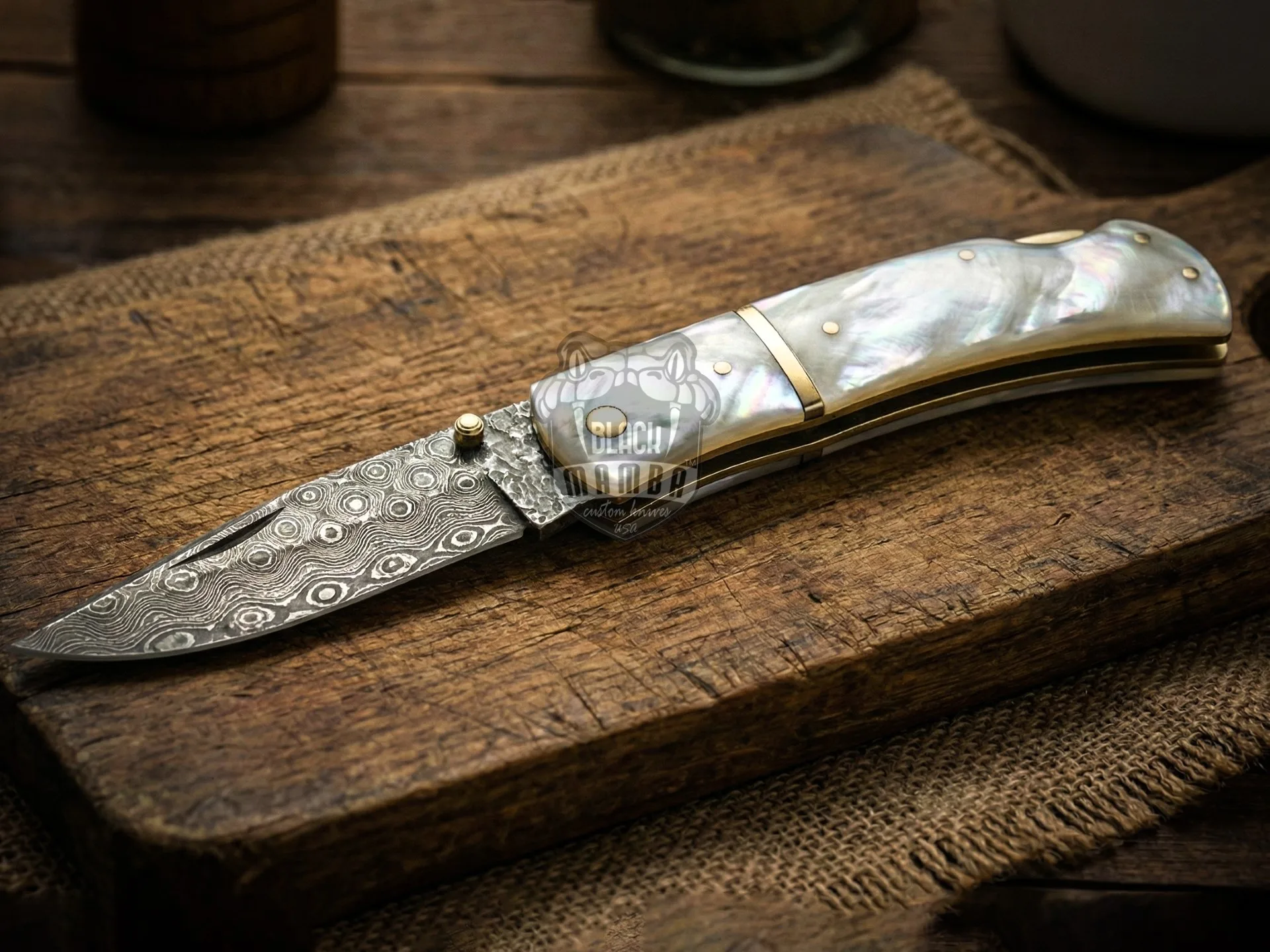 Celestial Pearl - Damascus Folding Pocket Knife, 7.5″ Overall, Pearl Handle