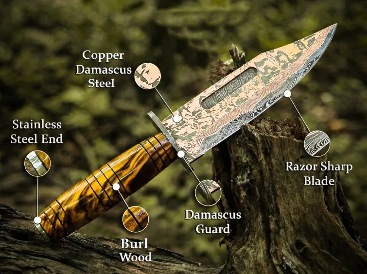 Handmade Copper Damascus Knife Copper Hunting Knife Exotic Burl Wood Handle Copper Fixed Blade Knife Best Anniversary Gift | BMK-707 - view 3