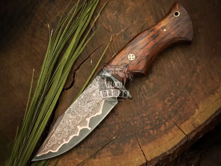 Royal Vanguard Handmade Copper Damascus Hunting Knife | Raindrop Pattern Bobcat Knife | Rosewood Handle | Custom Gift | Collector Blade | BMK-698 - view 4