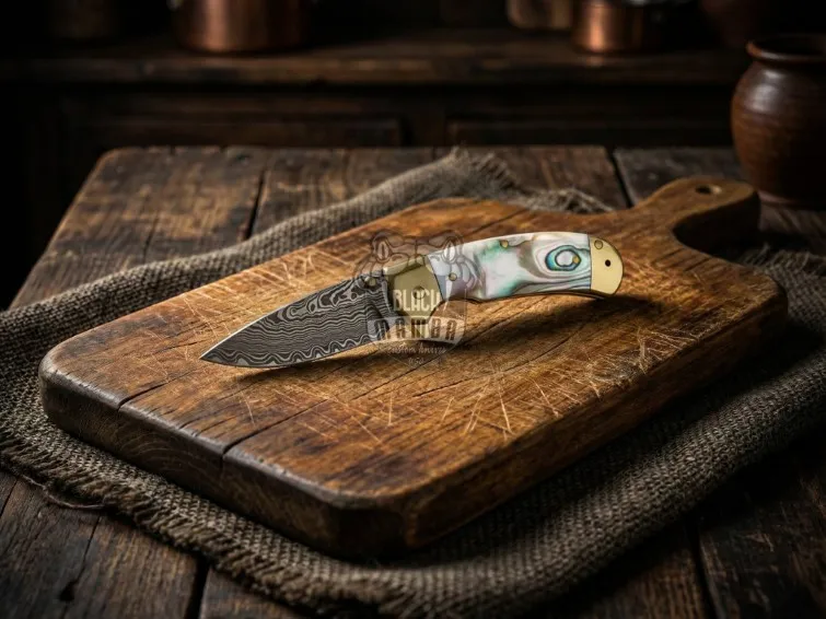 Highland Hunter Handmade Mix Twist Damascus Pocket Knife | Sea Shell Handle | With Brass Bolster and Leather Sheath Camping, Hunting, Christmas Gift & Him | BMK-683 - view 4
