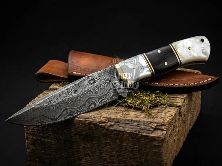 Pearl Prestige Hand Forged Damascus Steel Hunting Knife | Sea Shell Dark Wood Handle | Brass Bolster and Leather Sheath Camping, Hunting, Christmas Gift & Him | BMK-685