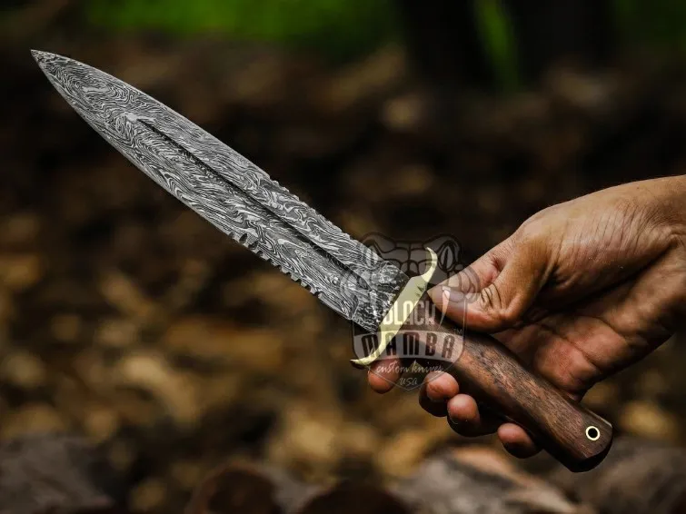 Titan Spear Handmade Damascus Steel Dagger Knife with Rose Wood Handle | Brass Clip & Leather Sheath | Groomsmen, Anniversary & Birthday Gift | BMK-694 - view 2