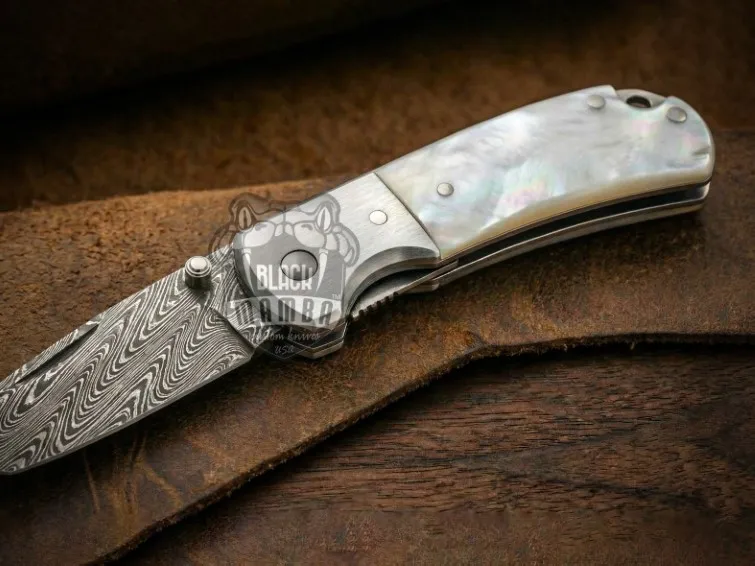 Silver Pearl Handmade Mix Twist Damascus Pocket Knife | Sea Shell Handle | Dall Steel Bolster and Leather Sheath Camping, Hunting, Christmas Gift & Him | BMK-684 - view 3