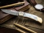 BMK-680 Black Mamba Royal Pearl Handmade Damascus Pocket Knife  | Sea Shell Handle with Brase Bolster | and Leather Sheath Camping ,Hunting , Christmas Gift & Him