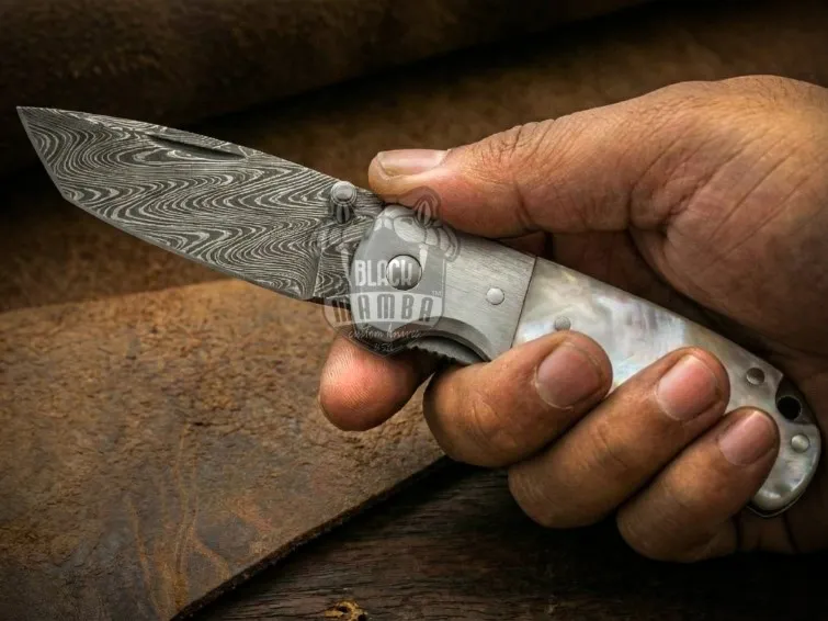 Silver Pearl Handmade Mix Twist Damascus Pocket Knife | Sea Shell Handle | Dall Steel Bolster and Leather Sheath Camping, Hunting, Christmas Gift & Him | BMK-684