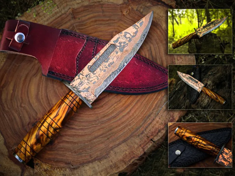 Handmade Copper Damascus Knife Copper Hunting Knife Exotic Burl Wood Handle Copper Fixed Blade Knife Best Anniversary Gift | BMK-707 - view 4