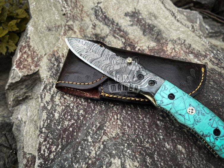 BMK-688 Black Mamba Azure Storm Handmade Damascus Folding Pocket Knife | Turquoise Resin Handle | Damascus Bolster | Leather Sheath | Camping & Hunting Gift for Him - Image 3