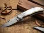 BMK-681 Black Mamba Pearl Serpent Handmade Damascus Pocket Knife  | Sea Shell Handle with Steel Bolster | and Leather Sheath Camping ,Hunting , Christmas Gift & Him
