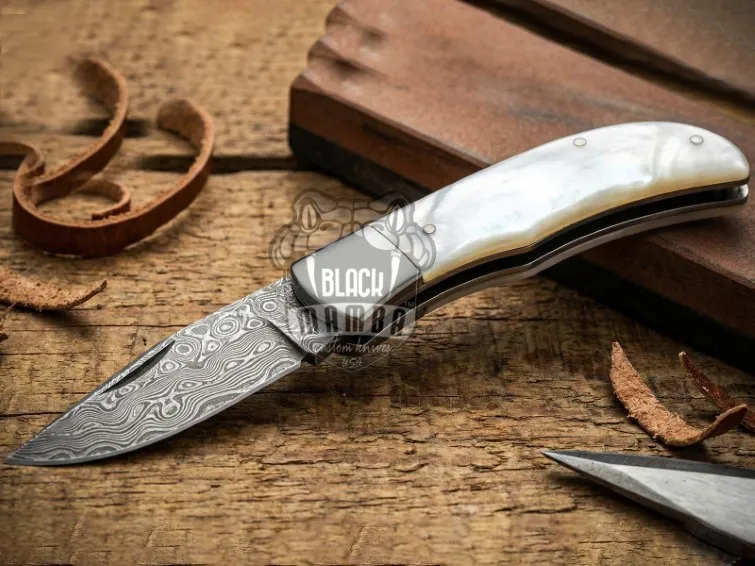Pearl Serpent Handmade Damascus Pocket Knife | Sea Shell Handle with Steel Bolster | And Leather Sheath Camping, Hunting, Christmas Gift & Him | BMK-681