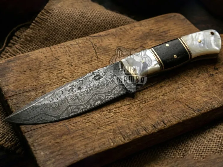 Pearl Prestige Hand Forged Damascus Steel Hunting Knife | Sea Shell Dark Wood Handle | Brass Bolster and Leather Sheath Camping, Hunting, Christmas Gift & Him | BMK-685 - view 4