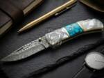 BMK-682 Black Mamba Azure Gem Hand Forged Rain Drop Damascus Pocket Knife  | Sea Shell Turquoise Handle  | and Leather Sheath Camping ,Hunting , Christmas Gift & Him
