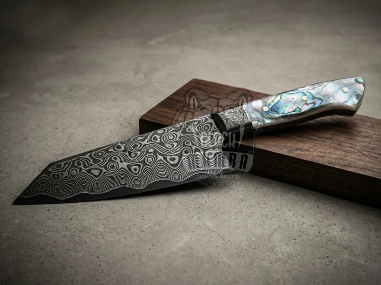 Black Mamba Vortex Edge Handmade Sanmai Bunka Chef Knife with | Sea Shell Handle | Sanmai Bolster & Leather Sheath | BMK-675