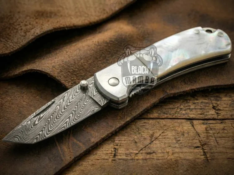 Silver Pearl Handmade Mix Twist Damascus Pocket Knife | Sea Shell Handle | Dall Steel Bolster and Leather Sheath Camping, Hunting, Christmas Gift & Him | BMK-684 - view 4
