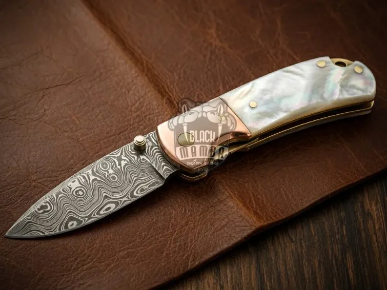 Black Mamba Mother-of-Pearl Handmade Damascus Pocket Knife with | Sea Shell Handle | Copper Bolster & Leather Sheath Camping, Hunting, Christmas Gift & Him | BMK-678 - view 4