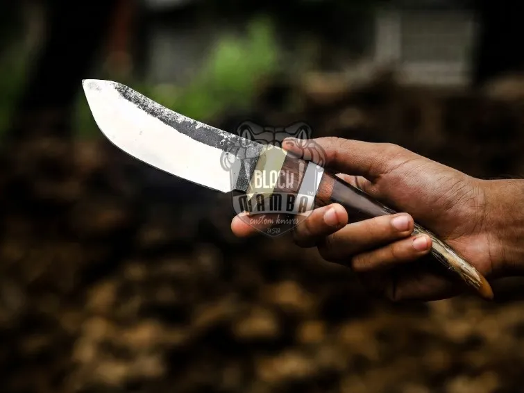 Ronin Edge Handmade Carbon Steel Knife with Lamb Horn & Natural Wood Handle | Brass Clip & Leather Sheath | Groomsmen, Anniversary & Birthday Gift | BMK-695 - view 4