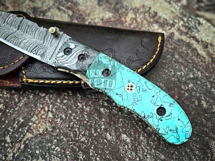 BMK-688 Black Mamba Azure Storm Handmade Damascus Folding Pocket Knife | Turquoise Resin Handle | Damascus Bolster | Leather Sheath | Camping & Hunting Gift for Him - Image 4