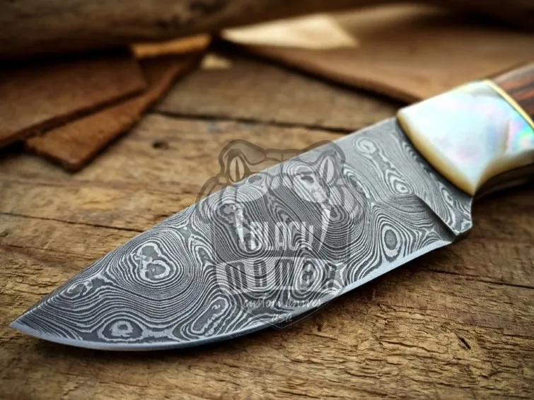 Azure Matrix Handmade Damascus Steel Skinner Knife | Rose Wood Handle | Pearl Shell Bolster and Leather Sheath Camping, Hunting, Christmas Gift & Him | BMK-686 - view 4