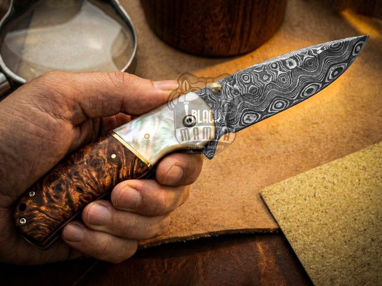 BMK-691Black Mamba Royal Pearl Handmade Damascus Steel Folding Pocket Knife | Rose Wood Handle | Pearl Shell Bolster with Brass Spacer | Leather Sheath | Camping & Hunting Gift for Him