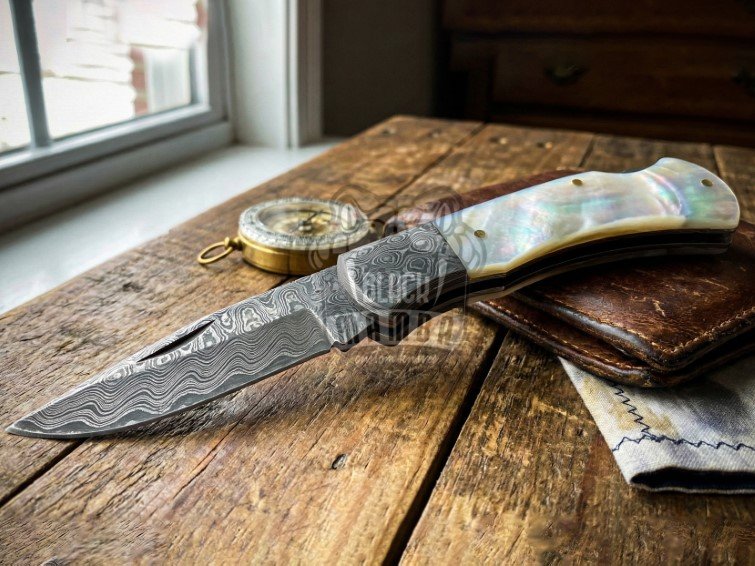 BMK-676 Serpent's Kiss Handmade Damascus Pocket Knife With | Sea Shell Handle | Damascus Bolster & Leather Sheath Camping ,Hunting , Christmas Gift & Him