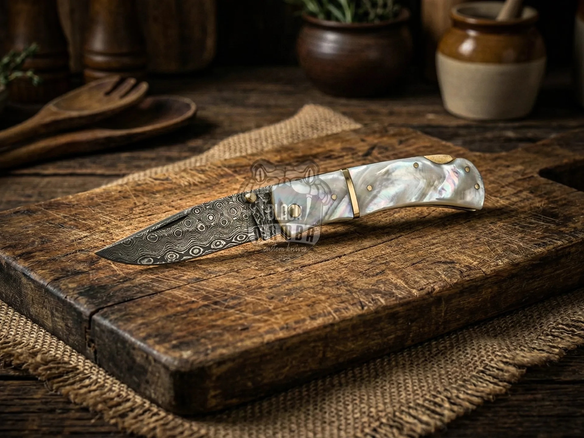 Celestial Pearl - Damascus Folding Pocket Knife, 7.5″ Overall, Pearl Handle - view 4