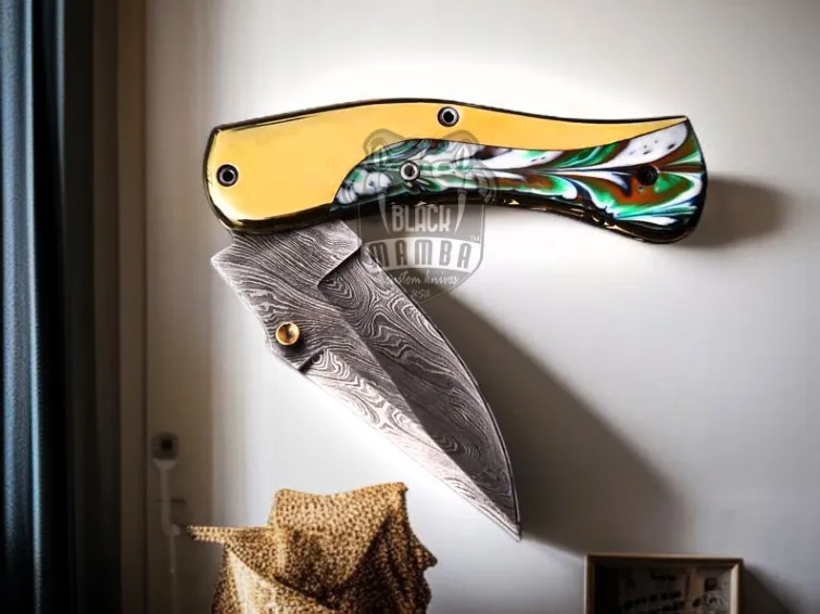 Emerald Enigma Handmade Damascus Steel Folding Knife | Abalone Resin Handle | Brass Bolster | Leather Sheath | Camping & Hunting EDC Gift | BMK-689 - view 4
