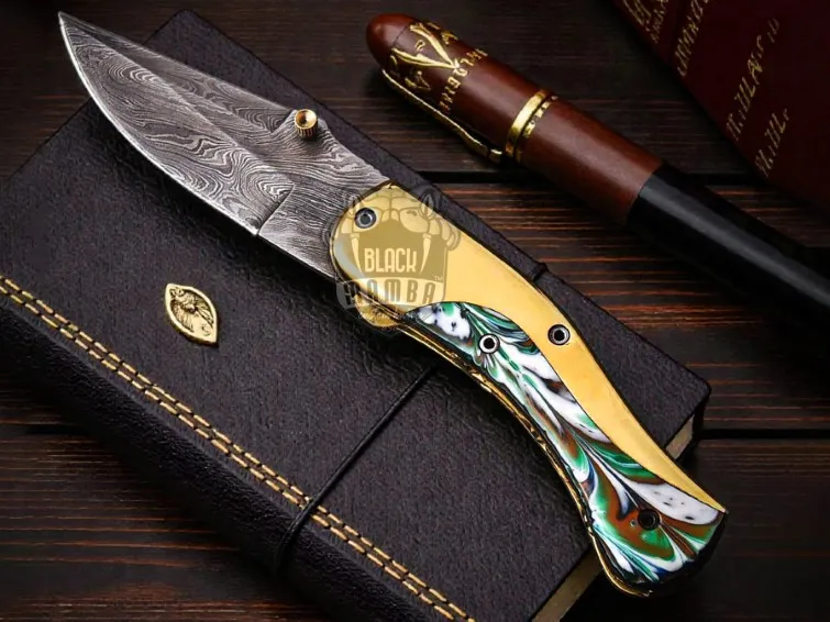 Emerald Enigma Handmade Damascus Steel Folding Knife | Abalone Resin Handle | Brass Bolster | Leather Sheath | Camping & Hunting EDC Gift | BMK-689 - view 2