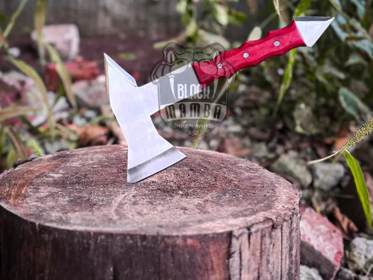 Scarlet Fury Forged Custom Viking Steel Axe Viking Hatchet with Resin Shaft | Camping Axe | Personalized Wedding, Christmas, Valentine & Birthday Gift for Him | BMK-693 - view 3