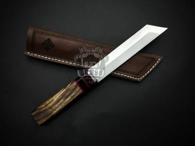 Shadow Storm Handmade Stainless Steel Tanto Knife with Walnut Wood Handle Fiber Spacer and Leather Sheath Camping Hunting Gift for Him & Her | BMK-696