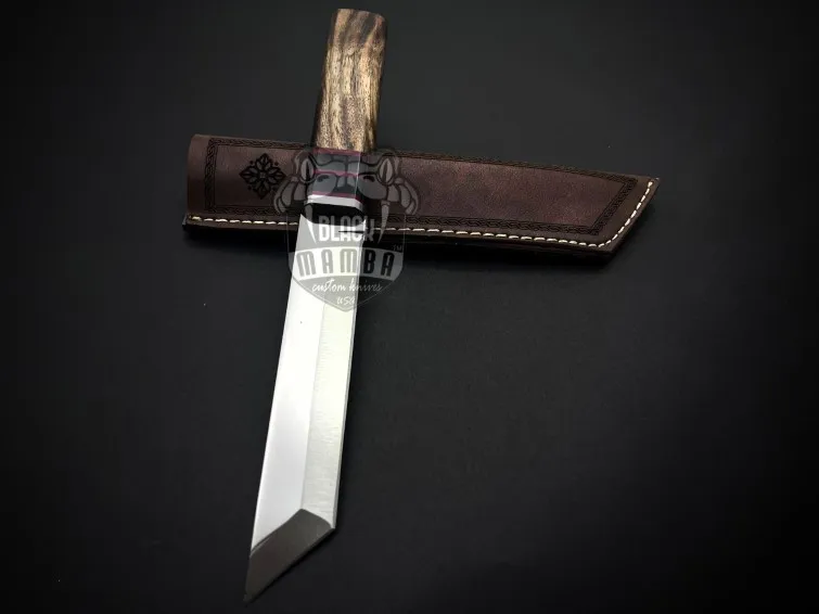 Shadow Storm Handmade Stainless Steel Tanto Knife with Walnut Wood Handle Fiber Spacer and Leather Sheath Camping Hunting Gift for Him & Her | BMK-696 - view 3