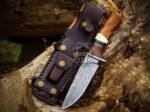BMK-701Black Mamba Feather Strike Handmade Damascus Feather Knife | Rose Wood & Bone Handle | Steel Bolster | Leather Sheath | Custom Hunting & Gift Knife