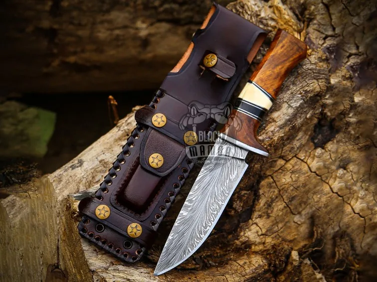 Feather Strike - Damascus Hunting Knife, 10″ Overall, Rose Wood Handle