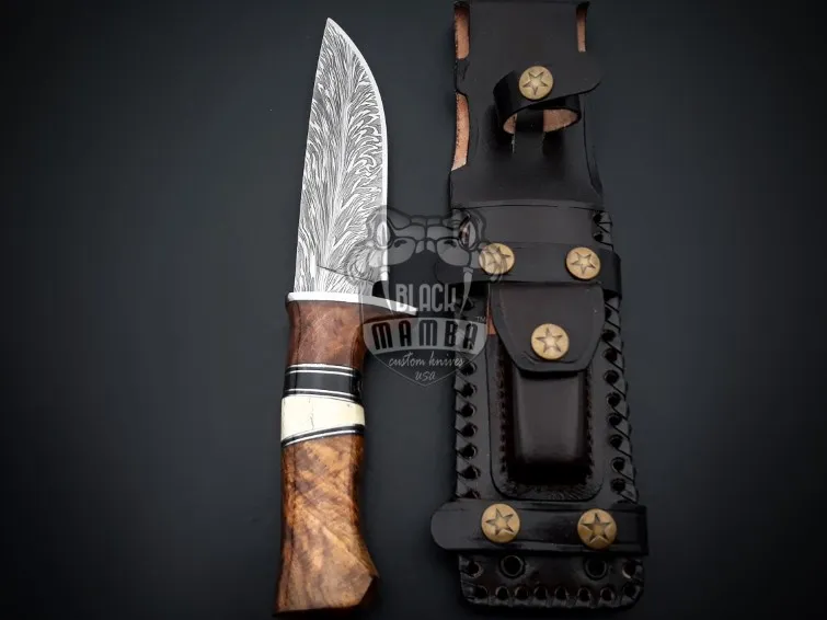 Feather Strike Handmade Damascus Feather Knife | Rose Wood & Bone Handle | Steel Bolster | Leather Sheath | Custom Hunting & Gift Knife | BMK-701 - view 4