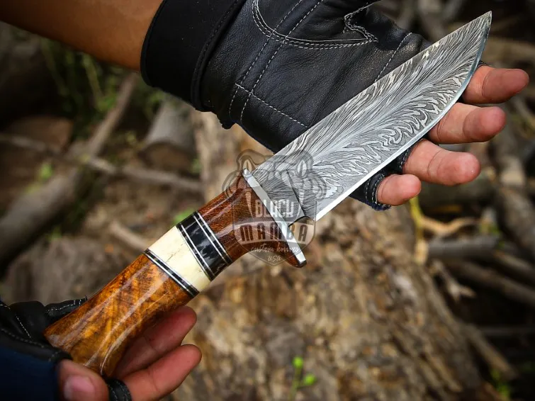 Feather Strike Handmade Damascus Feather Knife | Rose Wood & Bone Handle | Steel Bolster | Leather Sheath | Custom Hunting & Gift Knife | BMK-701 - view 2