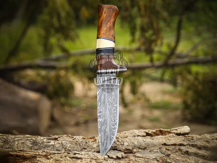 Feather Strike Handmade Damascus Feather Knife | Rose Wood & Bone Handle | Steel Bolster | Leather Sheath | Custom Hunting & Gift Knife | BMK-701 - view 3