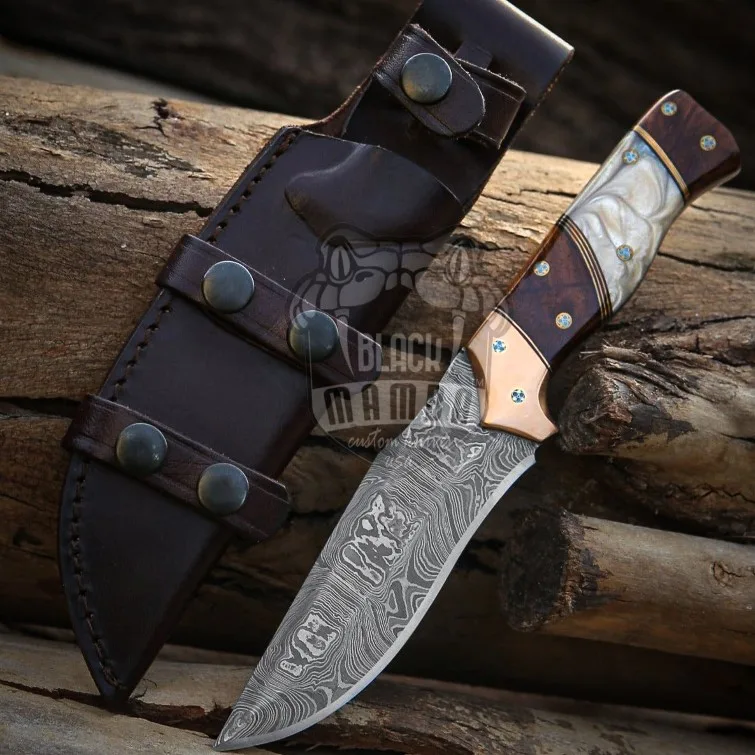 Royal Pearl - Damascus Hunting Knife, 10″ Overall, Rose Wood Handle