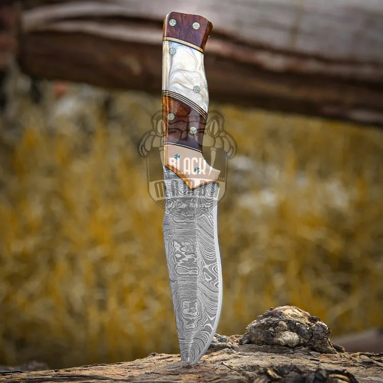 Royal Pearl Handmade Damascus Steel Hunting Knife With | Rose Wood Pearl Shell Handle | And Copper Bolster | And Leather Sheath Custom Gift | Hunting Camping | BMK-700 - view 4
