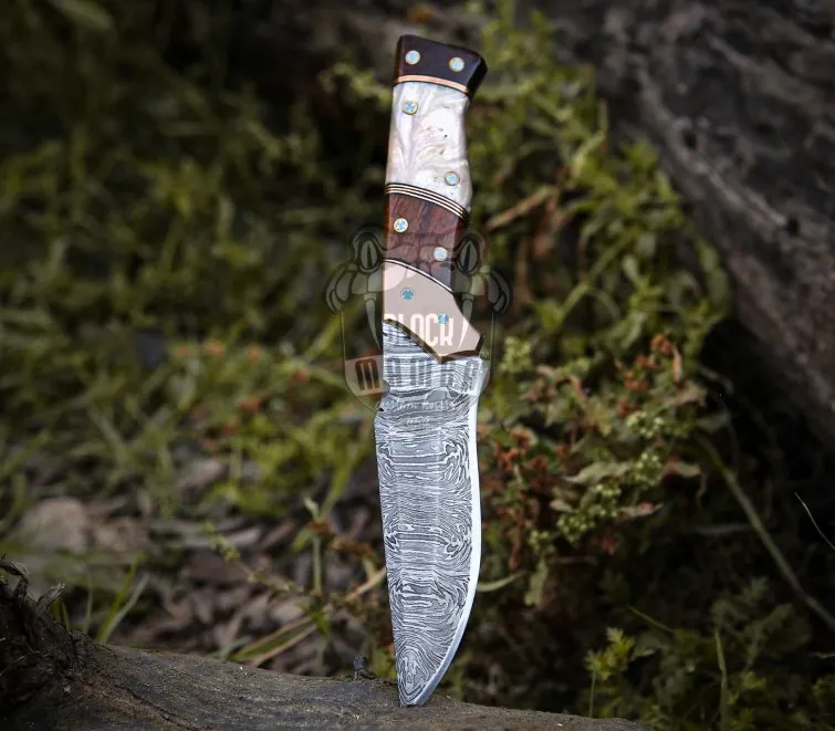 Royal Pearl Handmade Damascus Steel Hunting Knife With | Rose Wood Pearl Shell Handle | And Copper Bolster | And Leather Sheath Custom Gift | Hunting Camping | BMK-700 - view 3