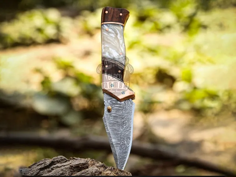 Pearl Legacy Handmade Damascus Steel Pocket Knife | Rose Wood & Pearl Shell Handle | Copper Bolster and Leather Sheath | Custom Hunting Gift | BMK-702 - view 2