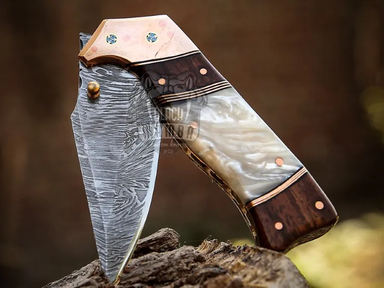 Pearl Legacy Handmade Damascus Steel Pocket Knife | Rose Wood & Pearl Shell Handle | Copper Bolster and Leather Sheath | Custom Hunting Gift | BMK-702 - view 3