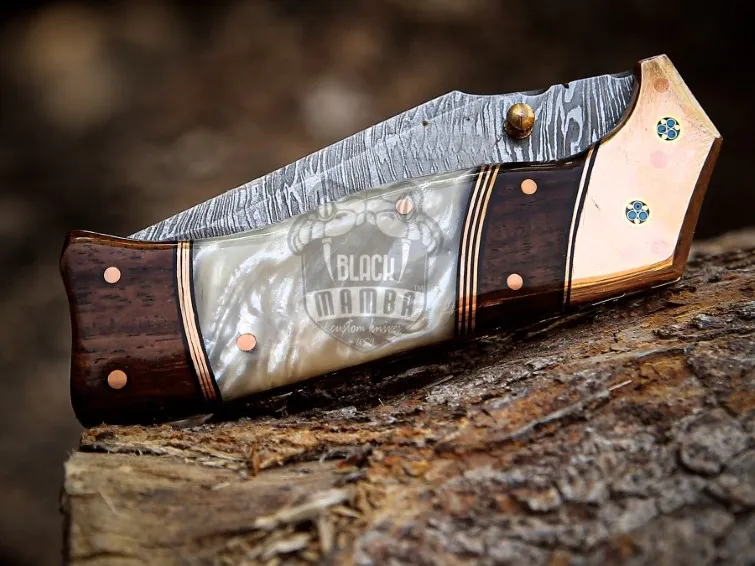 Pearl Legacy Handmade Damascus Steel Pocket Knife | Rose Wood & Pearl Shell Handle | Copper Bolster and Leather Sheath | Custom Hunting Gift | BMK-702 - view 4
